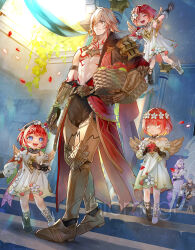 2boys 4girls abs angel_wings apple arm_tattoo armlet armor armored_boots artist_name asymmetrical_legwear bare_pectorals basket black_coat black_pants black_shirt black_shoes blindfold blonde_hair boots braid castorice_(honkai:_star_rail) chest_tattoo clawed_gauntlets closed_eyes coat commentary dress earrings facial_tattoo floating flower food fruit gold_earrings gold_necklace gradient_hair hair_between_eyes hair_flower hair_ornament highres holding holding_basket honkai:_star_rail honkai_(series) jewelry kirinosuke medium_hair multicolored_hair multiple_boys multiple_girls mydei_(honkai:_star_rail) necklace open_clothes open_coat pants pauldrons pectorals phainon_(honkai:_star_rail) purple_hair red_hair red_tattoo shirt shoes shoulder_armor side_braid single_pauldron tattoo toned toned_male trianne_(honkai:_star_rail) tribbie_(honkai:_star_rail) trinnon_(honkai:_star_rail) white_coat white_dress white_hair white_shoes wings yellow_eyes