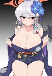1girl absurdres black_wings blue_archive blue_flower blush braid breasts cleavage closed_mouth flower gradient_background grey_background grey_hair hair_flower hair_ornament halo haruna_(blue_archive) haruna_(new_year)_(blue_archive) highres huge_breasts japanese_clothes kimono kimono_pull long_hair long_sleeves looking_at_viewer mago_cats obi orange_halo pulling_own_clothes purple_kimono red_eyes sash single_braid single_wing smile solo white_background wide_sleeves wings