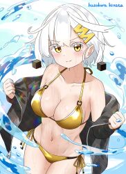 Rule 34 | 1girl, bikini, black jacket, breasts, cleavage, hazakura hinata, highres, jacket, large breasts, navel, original, side-tie bikini bottom, solo, swimsuit, undressing, white hair, yellow bikini, yellow eyes, yukika (hazakura hinata)