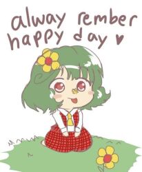 1girl :p ascot blush_stickers bug butterfly butterfly_on_nose dot_nose flat_color flower green_hair gyate_gyate hair_flower hair_ornament highres insect kazami_yuuka kneeling meme open_clothes open_vest parasol plaid_clothes plaid_skirt plaid_vest red_eyes red_vest short_hair simple_background skirt skirt_set smile soldierburger solo sunflower tongue tongue_out touhou umbrella vest yellow_ascot