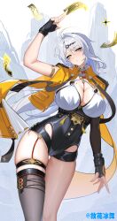 1girl absurdres asymmetrical_gloves black_gloves black_shorts breasts fingerless_gloves gloves guhuabingwu high-waist_shorts highres mole mole_on_breast mole_on_chest shorts single_hair_intake single_thighhigh thighhighs uneven_gloves vest white_hair yellow_eyes yellow_vest yi_xuan_(zenless_zone_zero) yin_yang_pin zenless_zone_zero