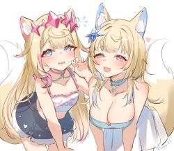 2girls :d alternate_hairstyle animal_ear_fluff animal_ears blonde_hair blue_eyes blue_shirt blue_streaks blunt_bangs breasts choker claw_pose cleavage dog_ears dog_girl dog_tail frilled_choker frills fuwawa_abyssgard fuwawa_abyssgard_(casual) hair_ornament half-closed_eyes highres hololive hololive_english large_breasts leaning_forward light_blush long_hair looking_at_viewer mococo_abyssgard mococo_abyssgard_(casual) multicolored_hair multiple_girls open_mouth pink_eyes pink_streaks shirt skirt sleeveless sleeveless_shirt small_breasts smile sobbi11 streaked_hair tail virtual_youtuber white_shirt white_skirt