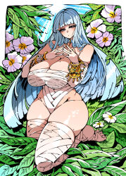 1girl :o bare_shoulders blue_choker blue_hair blunt_bangs blush bracelet breasts choker collarbone commentary_request flower jewelry kafun large_breasts leaf long_hair looking_at_viewer mole mole_on_breast original solo thighhighs