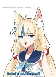 1girl absurdres animal_ear_fluff animal_ears blonde_hair blue_eyes blue_streaks cat_ears daaku_(koizumi_arata) dress english_text fangs highres indie_virtual_youtuber lifebuoy_hair_ornament long_hair looking_at_viewer low_twintails open_mouth sailor_dress sameko_saba solo twintails virtual_youtuber white_background white_dress