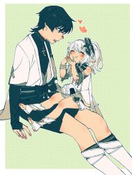 1boy 1girl anklet arms_at_sides belt black_belt black_bodysuit black_bow black_bridal_gauntlets black_hair black_leggings black_sash black_shorts bloomers blunt_ends blush bodysuit border bow bracelet bridal_gauntlets choppy_bangs closed_eyes covered_collarbone detached_sleeves dress eating eyeliner eyeshadow facing_up feathers fingernails food food_on_face genshin_impact gold gold_trim green_background green_sleeves grey_eyes grey_kimono grey_sleeves hakama hakama_shorts hand_blush happy heart height_difference highres japanese_clothes jewelry juban kimono knee_blush layered_sleeves leaf leg_warmers leggings limited_palette looking_at_another lower_teeth_only makeup mandarin_collar middle_ring nahida_(genshin_impact) neck_blush nose_blush onigiri open_mouth pizakureya73 pleated_shorts pointy_ears pom_pom_(clothes) red_eyeliner red_eyeshadow rope sash scaramouche_(genshin_impact) short_hair short_sleeves shorts side_ponytail sidelocks sitting sitting_on_lap sitting_on_person smile socks stirrup_footwear teeth toes underwear wanderer_(genshin_impact) wavy_mouth white_bloomers white_border white_dress white_kimono white_leg_warmers white_socks yellow_feathers
