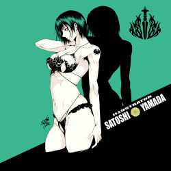 Rule 34 | 1girl, absurdres, arm tattoo, bra, breasts, commentary request, expressionless, frilled panties, frills, highres, layered panties, limited palette, lingerie, medium breasts, navel, original, panties, profile, short hair, tattoo, underwear, yamada satoshi