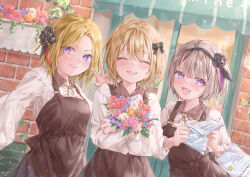&gt;:) 3girls ^_^ absurdres black_bow black_flower black_hairband black_ribbon black_rose blonde_hair blunt_bangs blurry blurry_background blush bouquet bow brown_hair brown_overalls character_request closed_eyes closed_mouth collared_shirt commentary_request cowboy_shot day dutch_angle eyelashes facing_viewer flower hair_bow hair_flower hair_ornament hair_ribbon hairband hand_up happy heaven_burns_red highres holding holding_bouquet holding_paper leaf long_sleeves looking_at_viewer medium_hair minase_ichigo minase_sumomo multiple_girls open_mouth outdoors overalls paper pink_flower purple_ribbon red_flower ribbon rose shirt short_hair side-by-side smile star_(symbol) star_hair_ornament teeth translation_request tsumugi-t upper_teeth_only v v-shaped_eyebrows white_flower white_shirt