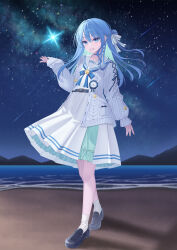 1girl absurdres beach belt black_shoes black_sky blue_belt blue_choker blue_eyes blue_hair bow brysinggamen choker closed_mouth hair_bow highres hololive hoshimachi_suisei hoshimachi_suisei_(school_uniform) long_hair looking_at_viewer night night_sky official_alternate_costume sailor_collar sand shirt shoes shooting_star skirt sky smile socks solo star_(sky) starry_sky virtual_youtuber water white_bow white_sailor_collar white_shirt white_skirt white_socks