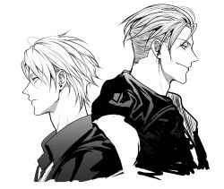 Rule 34 | 2boys, ahoge, back-to-back, bakshi christensen, closed mouth, collared shirt, earrings, from side, giancarlo bourbon del monte, greyscale, hair slicked back, height difference, highres, hood, hood down, hooded jacket, implied yaoi, jacket, jewelry, lucky dog 1, male focus, miyamoyan, monochrome, multiple boys, necktie, parted bangs, profile, shirt, short hair, simple background, sleeveless, sleeveless jacket, smile, upper body, white background