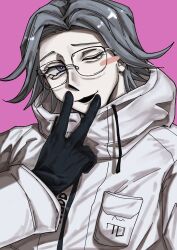 1boy aotsuki_eito black_gloves blue_eyes blush drawstring eyelashes glasses gloves grey_hair hand_up jacket male_focus multicolored_eyes one_eye_closed open_mouth parted_hair pink_background pink_pupils simple_background smile solo solo_focus the_hundred_line_-last_defense_academy- upper_body v white_jacket wink