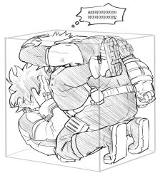 Rule 34 | 2boys, bakudeku, bakugou katsuki, blush, boku no hero academia, bones (company), boots, covering face, cube, curly hair, embarrassed, formal clothes, freckles, hodumha, messy hair, midoriya izuku, multiple boys, sex position, shounen jump, spiked hair, suit, superhero costume, trapped, yaoi