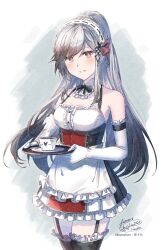 Rule 34 | 1girl, alternate costume, apron, azur lane, bare shoulders, black dress, black garter straps, black thighhighs, breasts, center frills, commentary request, commission, cowboy shot, cup, detached collar, dress, dunkerque (azur lane), elbow gloves, enmaided, framed breasts, frilled apron, frilled dress, frilled gloves, frills, garter straps, gloves, grey hair, highres, holding, holding tray, ittokyu, long hair, looking at viewer, maid, medium breasts, multicolored dress, purple eyes, red dress, signature, simple background, skeb commission, sleeveless, sleeveless dress, solo, teacup, thighhighs, traditional media, tray, waist apron, white apron, white gloves