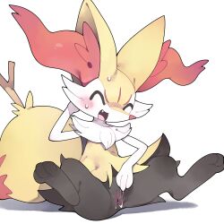 1girl absurdres animal_ear_fluff animal_ears animal_feet animal_nose black_fur blush body_fur braixen closed_eyes female_masturbation fox_ears fox_girl furry furry_female gen_6_pokemon highres large_tail masturbation multicolored_fur neck_fur nintendo no_humans open_mouth pokemon pokemon_(creature) pokemon_focus pussy pussy_juice pussy_juice_trail simple_background snout spread_legs stick tail white_fur yellow_fur youjo_modoki