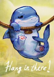 1boy absurdres character_name collar commentary derivative_work english_commentary english_text fins fish_tail hang_in_there_(meme) highres holding holding_rope jeff_(marvel) looking_to_the_side marvel marvel_rivals meme name_tag neo_jpeg pawpads rope sad shark_fin shark_tail tail