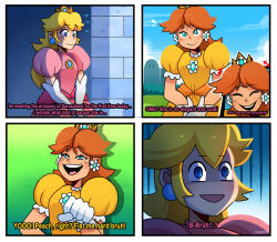 Rule 34 | 2girls, 4koma, artist name, blonde hair, blue eyes, blush, closed eyes, comic, confused, conversation, crown, dress, earrings, embarrassed, english text, gloves, grass, jewelry, mario (series), multiple girls, nintendo, open mouth, orange hair, princess peach, smile, speech bubble, teeth, thegreyzen, tomboy