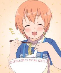 1girl :3 blue_shirt blush bowl chopsticks closed_eyes earrings facing_viewer food highres holding holding_chopsticks holding_spoon hoshizora_rin jewelry love_live! love_live!_school_idol_project noodles orange_hair ramen sen_(sen0910) shirt short_hair short_sleeves smile solo spoon