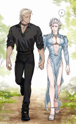 2boys astarion baldur&#039;s_gate baldur&#039;s_gate_3 blonde_hair blue_dress blue_eyes dark-skinned_male dark_skin dress dungeons_&amp;_dragons dungeons_&amp;_dragons height_difference highres holding_hands male_focus multiple_boys outdoors pale_skin red_eyes sandals tav_(baldur&#039;s_gate) walking white_hair wild5lee yaoi