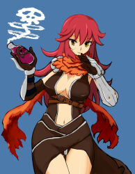1girl 417k_ito armor assassin_cross_(ragnarok_online) black_cape black_gloves black_leotard blue_background bottle breasts cape cleavage closed_mouth commentary_request cowboy_shot elbow_gloves facial_scar gloves holding holding_bottle large_breasts leotard looking_at_viewer navel pauldrons poison ragnarok_online red_hair red_scarf revealing_clothes scar scar_on_cheek scar_on_face scarf shoulder_armor simple_background smile solo torn_clothes torn_scarf vambraces waist_cape yellow_eyes