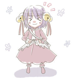 &gt;_&lt; 1girl bell blush brown_gloves brown_jacket brown_shoes brown_skirt chibi chibi_only closed_eyes closed_mouth commentary_request dated_commentary full_body gloves hair_bell hair_ornament hands_on_own_hips jacket jingle_bell long_sleeves lowres merchant_(ragnarok_online) notice_lines open_clothes open_jacket purple_hair ragnarok_online sharari shirt shoes short_hair simple_background skirt smile solo standing white_background white_shirt