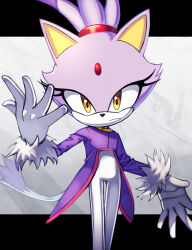 1girl absurdres animal_ears blaze_the_cat cat_ears cat_girl cat_tail closed_mouth coat eyelashes forehead_jewel furry furry_female gloves highres long_sleeves looking_at_viewer pants purple_coat purple_fur silverchariotx solo sonic_(series) tail white_gloves white_pants yellow_eyes