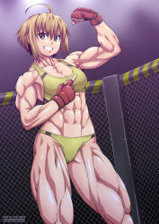 1girl abs artist_name bare_arms biceps breasts cage deltoids ebr-kii flexing gloves grey_eyes highres legs medium_breasts mixed_martial_arts muscular muscular_female pectorals playing_sports pointing pointing_at_self quads red_gloves short_hair smile solo sports_bikini sports_bra sports_panties sportswear tan teeth thighs