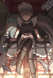 1girl absurdres black_dress black_hair black_pantyhose book book_stack breasts card closed_mouth commentary_request couch dress ellen_joe fins fish_tail floating_card highres indoors knee_up large_breasts looking_afar maid_headdress no_shoes pantyhose playing_card red_eyes shark_tail shengkai167 shoes sitting solo tail unworn_shoes window_shadow zenless_zone_zero