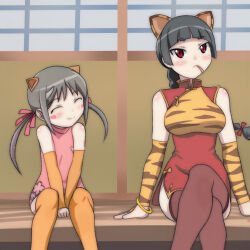 2girls animal_ears animal_print arm_support black_hair blush bracelet braid breasts brown_thighhighs china_dress chinese_clothes closed_eyes crossed_legs detached_sleeves dress etotama floral_print hair_ribbon highres horns jewelry large_breasts long_hair long_sleeves looking_up mouth_hold multiple_girls orange_thighhighs pig_ears pig_girl pink_dress pink_ribbon print_dress print_sleeves red_dress red_eyes red_ribbon ribbon shima-tan single_braid sitting sleeveless sleeveless_dress slit_pupils smile stalk_in_mouth t_jiroo_(ringofriend) thighhighs tiger_ears tiger_girl tiger_print twig twintails uri-tan window