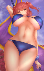 Rule 34 | 1girl, alternate costume, arm behind head, bikini, blue bikini, blue skirt, blush, breasts, commentary request, flower, from below, hair bobbles, hair ornament, highres, huge breasts, looking at viewer, navel, onozuka komachi, onozuka komachi (happy-to-listen cheer-up guide), outdoors, red eyes, shounen (hogehoge), skirt, skull print, solo, spider lily, swimsuit, touhou, touhou lostword, two side up, variant set