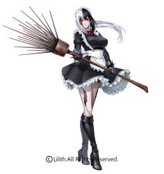 Rule 34 | 1girl, almeria (taimanin series), black boots, black gloves, black hair, boots, bow, breasts, broom, copyright notice, cuffs, gloves, holding, holding weapon, kagami hirotaka, large breasts, looking at viewer, maid, maid headdress, multicolored hair, official art, ponytail, red bow, red eyes, scar, scar on face, second-party source, spikes, taimanin (series), taimanin rpgx, weapon, white hair, zombie