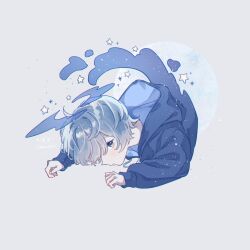 1boy absurdres amenojaku blue_eyes blue_hair blue_halo blue_theme blush closed_mouth commentary_request drawstring grey_background halo highres hood hoodie looking_at_viewer male_focus original profile signature solo star_(symbol)