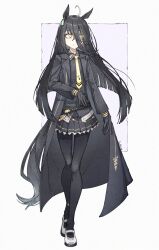 1girl ahoge animal_ears artist_name belt black_belt black_coat black_gloves black_hair black_pantyhose black_skirt black_vest closed_mouth coat ear_ornament ear_tag earrings full_body gloves hair_between_eyes hand_up hem_peeking_out highres horse_ears horse_girl horse_tail igalimax jewelry long_bangs long_hair long_hair_between_eyes manhattan_cafe_(umamusume) multicolored_hair necktie open_clothes open_coat pantyhose pleated_skirt shirt shoes signature single_earring skirt solo standing tail umamusume very_long_hair vest white_hair white_shirt white_shoes white_trim yellow_eyes yellow_necktie