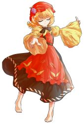 1girl aki_minoriko apron barefoot black_skirt blonde_hair dairi full_body hat pointing print_apron red_apron red_hat shirt short_hair skirt solo tachi-e touhou wheat_print wide_sleeves yellow_shirt