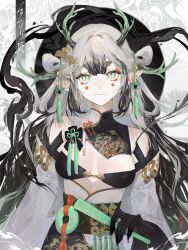 1girl :3 absurdres antlers black_gloves black_smoke black_streaks blunt_bangs bra breasts chinese_text cleavage clothing_request colored_tips corset detached_sleeves facial_mark gloves green_eyes hair_between_eyes head_tilt highres holding horns looking_at_viewer multicolored_hair original pointy_ears sidelocks solo stomach sun_behind_head tassel translation_request twintails underwear white_hair yoimon