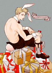 1boy absurdres animal_ears apron axis_powers_hetalia blonde_hair box ca_lamari cigarette cigarette_pack detached_collar dutch_text gift gift_box green_eyes grey_background hair_slicked_back highres holding holding_cigarette_pack legwear_garter looking_at_viewer looking_back male_focus male_playboy_bunny nearly_naked_apron netherlands_(hetalia) rabbit_ears rabbit_tail scar scar_on_face scar_on_forehead shoes short_hair sitting smoking socks solo spiked_hair tail waist_apron wrist_cuffs