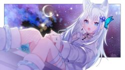 1girl :d ahoge alternate_costume animal_ear_fluff animal_ears antenna_hair asymmetrical_legwear belt belt_collar blue_butterfly blue_eyes blue_flower blue_hair blurry boots border buckle bug butterfly butterfly_hair_ornament choker cloud collar commentary_request commission crescent crescent_moon dutch_angle earrings extra_ears fang feet_out_of_frame fishnet_pantyhose fishnets flower fox_ears fox_girl fur-trimmed_sleeves fur_trim hair_between_eyes hair_flower hair_ornament highres hood hood_down hoodie insect jacket jewelry leg_belt lime_(vrchat) long_hair long_sleeves looking_at_viewer moon multicolored_hair necklace night night_sky o-ring off_shoulder open_clothes open_mouth outdoors outside_border own_hands_together pantyhose ring satoh_vrc shirt shoes sidelocks single_leg_pantyhose single_thighhigh sitting skin_fang sky sleeveless smile solo spiked_collar spikes star_(sky) starry_sky streaked_hair thigh_strap thighhighs vrchat white_belt white_border white_choker white_collar white_hair white_hoodie white_jacket white_shirt white_shoes wolf_ears wolf_girl