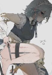 1girl absurdres blue_eyes blue_vest braid breasts closed_mouth dual_wielding grey_hair highres holding holding_knife izayoi_sakuya knife le_(szs0k) long_sleeves looking_at_viewer maid_headdress profile scratches shirt simple_background solo thighs touhou twin_braids vest white_background white_shirt