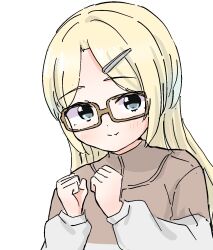 Rule 34 | 1girl, blonde hair, blue eyes, blue hair, blush, brown shirt, clenched hands, closed mouth, commentary request, fang, fang out, gradient hair, hair down, hair ornament, hairclip, highres, link! like! love live!, long hair, long sleeves, looking at viewer, love live!, multicolored hair, official alternate costume, osawa rurino, osawa rurino (summer loungewear), parted bangs, shirt, simple background, skin fang, solo, split mouth, tazaki masanobu, upper body, virtual youtuber, white background