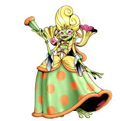 Rule 34 | 1girl, blonde hair, bracelet, crown, digimon, digimon (creature), dress, frog, frog girl, gekomon, hand fan, heart, heart-shaped pupils, highres, holding, holding fan, jewelry, looking at viewer, monster girl, oridigi, original, sabedile, smile, symbol-shaped pupils