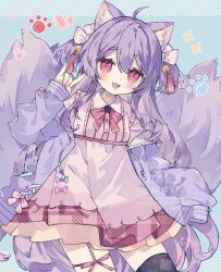 Rule 34 | 1girl, :3, :d, ahoge, animal ear fluff, animal ears, black thighhighs, blue background, blush, bow, bowtie, collared dress, commentary, commission, contrast collar, cowboy shot, double-parted bangs, dress, fox ears, fox girl, fox shadow puppet, fox tail, frilled shirt collar, frills, hair bow, hand up, hashtag-only commentary, highres, hisuiyasai, indie virtual youtuber, jacket, long hair, long sleeves, looking at viewer, multiple tails, nekonomiya mitarou, off shoulder, open clothes, open jacket, open mouth, pink dress, purple hair, purple jacket, red bow, red bowtie, red eyes, single thighhigh, skeb commission, smile, solo, tail, thighhighs, very long hair, virtual youtuber, watermark, white bow