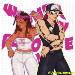Rule 34 | 1boy, 1girl, alternate costume, arm tattoo, atalajoestar, baseball cap, black hat, black pants, black vest, bracelet, breasts, brown hair, camisole, chest tattoo, cleavage, closed eyes, closed mouth, commentary, crop top, dark-skinned female, dark skin, dragona joestar, dreadlocks, earrings, english commentary, english text, facial mark, flower, flower wreath, food print, green-tinted eyewear, grey hat, hat, head wreath, highres, ice cream print, jewelry, jojo no kimyou na bouken, long hair, medium breasts, midriff, navel, necklace, paco laburantes, pants, piercing, pink nails, red hair, red nails, shoulder tattoo, smile, sunglasses, tank top, tattoo, teeth, the jojolands, tinted eyewear, two-tone hat, vest, white pants, white tank top, wristband