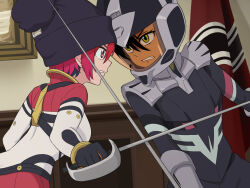 Rule 34 | 2girls, amate yuzuriha, beanie, black bodysuit, black hair, bodysuit, clenched teeth, duel, fencing, flag, green eyes, grey bodysuit, gundam, gundam gquuuuuux, hat, helmet, highres, indoors, laofuzi dai bansho, looking at another, mecha pilot suit, mobile suit gundam, multicolored bodysuit, multiple girls, nyaan (gundam gquuuuuux), rapier, red bodysuit, red hair, scene reference, short hair, sword, teeth, very short hair, weapon, white bodysuit, yellow eyes