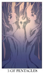 Rule 34 | 3others, black eyes, body horror, border, card (medium), english text, forest, highres, hole in head, horror (theme), jessica hayworth, minor arcana (tarot), multiple others, nature, no mouth, outdoors, purple theme, surreal, tarot, tarot (medium), tree, trypophobia, welcome to night vale, white border