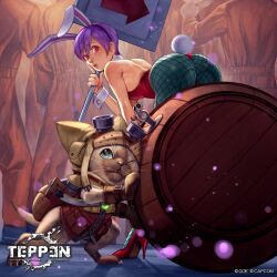 6+others animal_ears ass backless_outfit barrel capcom cat company_connection crossover darkstalkers darkstalkers_3 demon_girl fake_animal_ears fake_tail fangs felyne goggles high_heels highres huge_ass leaning leaning_forward leotard lilith_(darkstalkers) looking_at_viewer looking_back monster_girl monster_hunter_(series) multiple_others official_art pantyhose pink_hair playboy_bunny_swimsuit purple_hair rabbit_ears rabbit_tail red_eyes revealing_clothes short_hair short_tail sign suetomi_masanao tail teppen thick_thighs thighs