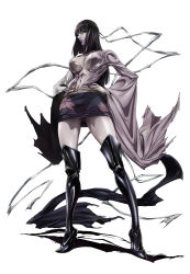 1girl absurdres afro_samurai black_hair blunt_bangs boots breasts center_opening covered_erect_nipples female_focus high_heels highres hime_cut large_breasts lipstick long_hair makeup official_art okazaki_takashi open_clothes open_shirt shirt shoes sio_(afro_samurai) skirt solo takashi_okazaki thigh_boots thighhighs torn_clothes