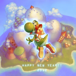 10s 1boy 2012 aged_down arm_up aura baby baby_mario bad_id bad_pixiv_id brown_hair building cloud creature diaper english_text flower happy_new_year hat island jumping looking_back looking_up male_focus mario mario_(series) mountain new_year nintendo ocean om_(carbohydratism) riding shoes super_mario_world_2:_yoshi&#039;s_island text_focus tower volcano yoshi