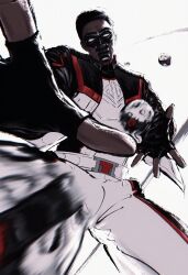 1boy absurdres black_gloves black_hair black_jacket bodysuit commentary dark-skinned_male dark_skin dc_comics dc_universe_(franchise) english_commentary english_text fingerless_gloves gloves highres jacket looking_at_viewer male_focus mask mister_terrific multicolored_bodysuit multicolored_jacket orb outline pigosloth red_outline short_hair smile solo superman_(2025) superman_(series)