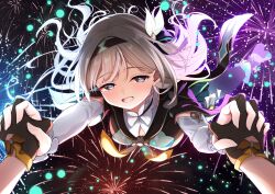 2girls black_gloves black_hairband blush breasts bridal_gauntlets firefly_(honkai:_star_rail) fireworks gloves grey_hair hair_between_eyes hair_ornament hairband hand_grab highres honkai:_star_rail honkai_(series) long_hair looking_at_viewer medium_breasts multiple_girls neckerchief open_mouth orange_neckerchief pov purple_eyes sky smile solo_focus star_(sky) star_(symbol) starry_sky stelle_(honkai:_star_rail) syurimp trailblazer_(honkai:_star_rail)