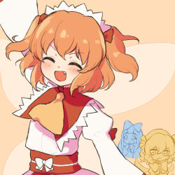 144udy 3girls :o arm_up bow bowtie closed_eyes curly_hair highres luna_child multiple_girls simple_background single_tooth smile star_sapphire sunny_milk touhou twintails