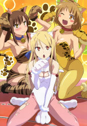 10s 3girls :o ;d absurdres animal_ears animal_hands animal_print aoyama_nanami armpits arms_up bare_shoulders bell blonde_hair blush blush_stickers breasts brown_eyes brown_hair cat cat_cutout cat_ears cat_girl cat_lingerie cat_paws cat_tail cleavage cleavage_cutout clothing_cutout collar collar_bell dress fake_animal_ears fake_tail fang fujii_masahiro halterneck highres huge_breasts jingle_bell kamiigusa_misaki kittysuit large_breasts leggings leopard_print leotard long_hair medium_breasts meme_attire midriff multiple_girls navel neck_bell nontraditional_playboy_bunny nyantype official_art one_eye_closed open_mouth pantyhose paw_pose pink_pantyhose ponytail red_eyes sakura-sou_no_pet_na_kanojo scan shiina_mashiro shiny_skin short_hair sitting skin_tight smile tail thighhighs tiger_ears tiger_girl tiger_print tiger_tail tight_clothes tight_dress wariza wavy_mouth wink yellow_eyes yellow_pantyhose