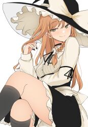 1girl adjusting_hair black_hat black_nails black_skirt blonde_hair bow braid commentary crossed_legs hair_bow hat highres kirisame_marisa looking_at_viewer necro_(nekurodayo) shirt single_braid skirt smile smug solo thighs touhou white_background white_bow white_shirt witch_hat